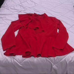 SHEIN Red Peplum Blouse with Ruffled Long Sleeves